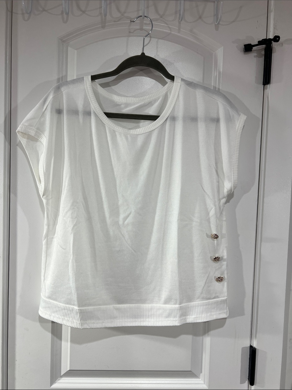 White Women's Short Sleeve Button Accent Top
